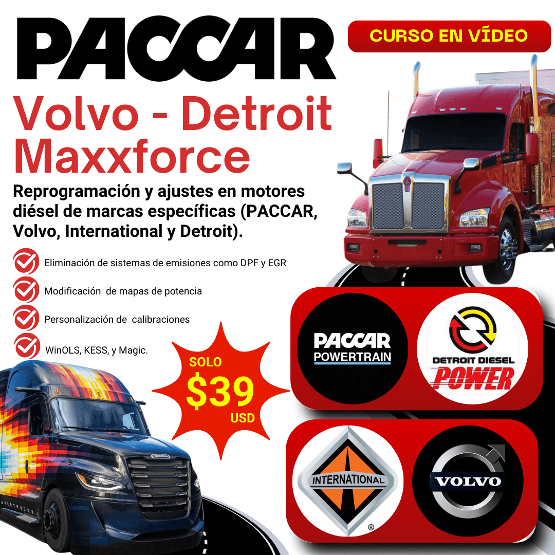 Reprogramación y ajustes en motores diésel de marcas específicas (PACCAR, Volvo, International y Detroit).